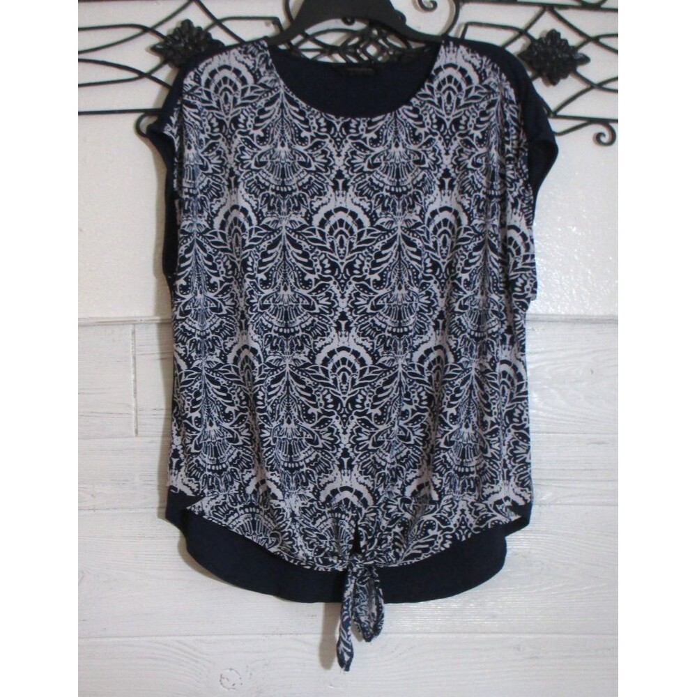 Investments Women's Knit Top Size XL Short Sleeve Blue Geometric Round Neck